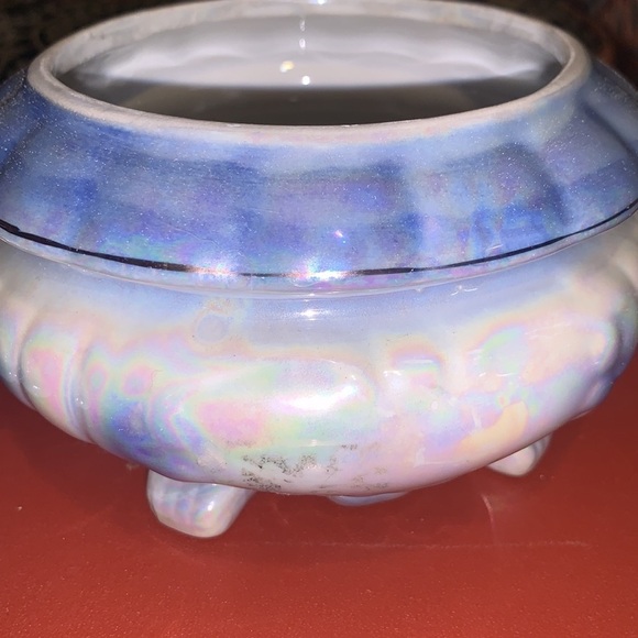 Vintage Blue & White Floral Iridescent Carnival Glass Footed Candy Dish With Lid - Picture 5 of 7